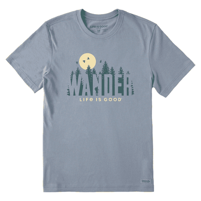 Blue t-shirt with a graphic of trees silhouetted in front of a full moon. The text below the graphic reads  “WANDER” and “LIFE IS GOOD”.░