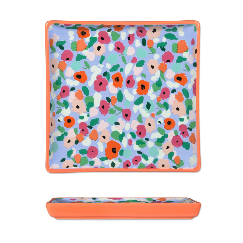Square ceramic trinket dish with colorful mini floral pattern and orange trim by Hallmark.