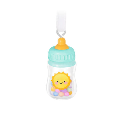 Mini baby bottle ornament with blue top, colorful beads, and sunshine face design, for baby’s first Christmas or shower gift.