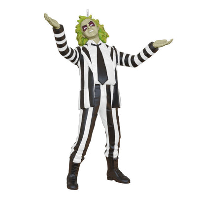 Mini Beetlejuice ornament with wild green hair and black-and-white striped suit, arms raised in playful pose.