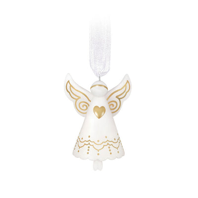 Mini white porcelain angel ornament with gold accents and heart, hanging by a ribbon for Christmas memorial or prayer gift.