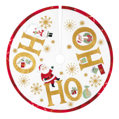 Mini round tree skirt with Santa, snowman, reindeer, gold snowflakes, and red plaid trim, designed to fit small tabletop Christmas trees.
