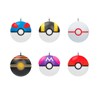 Set of six mini Pokémon Poké Ball ornaments including Poké, Great, Ultra, Master, Premiere, and Luxury Balls, for tabletop tree or display.