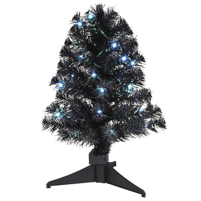 Black pre-lit mini Christmas tree with white LED lights, designed for tabletop display and compatible with Hallmark ShowToppers.