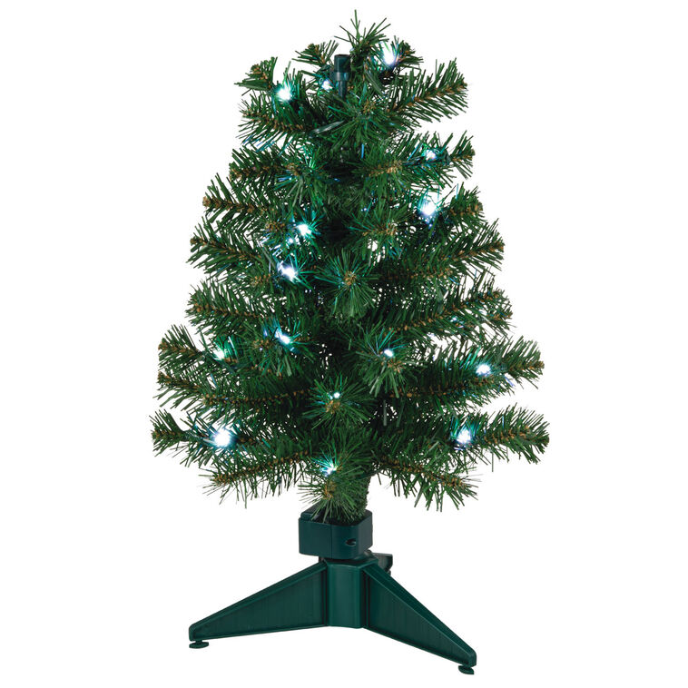 17-inch pre-lit green tabletop Christmas tree with white lights, part of ShowToppers system for sound and light synchronization.