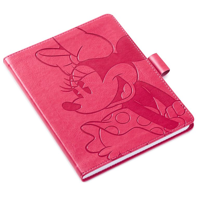 Hallmark Minnie Mouse faux leather notebook with etched Minnie illustration, pink cover, and polka dot interior