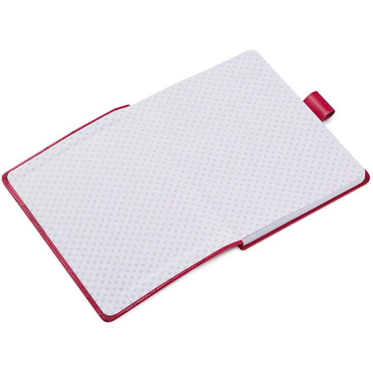 Hallmark Minnie Mouse faux leather notebook with etched Minnie illustration, pink cover, and polka dot interior