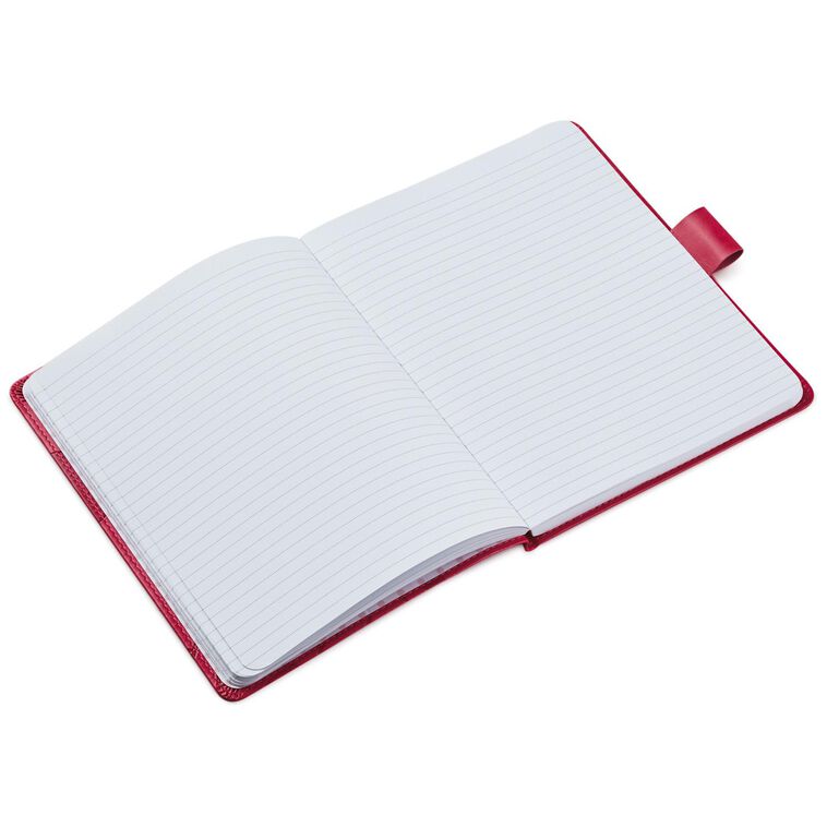 Hallmark Minnie Mouse faux leather notebook with etched Minnie illustration, pink cover, and polka dot interior