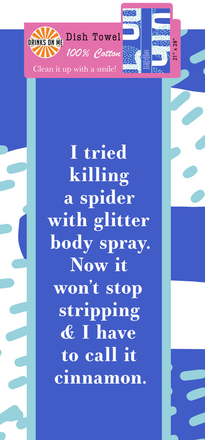 Glitter Body Spray dish towel, 100% cotton, 21x28, featuring a glamorous design with a fun, sparkling twist, perfect for kitchens or as a gift for glitter lovers.