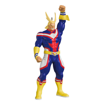 All Might Christmas tree ornament in hero pose from My Hero Academia, featuring yellow hair, red-blue suit, and raised fist.