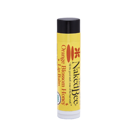 Naked Bee USDA Organic Lip Balm with Orange Blossom Honey scent, featuring beeswax and vitamin E for soothing  

