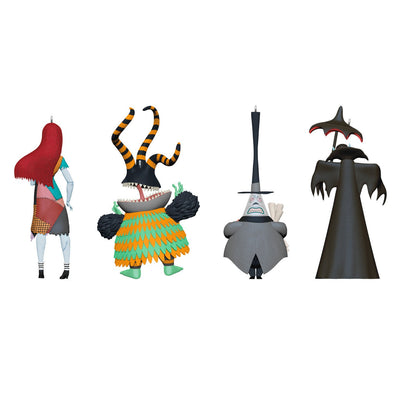 Set of four Nightmare Before Christmas Halloween ornaments with Sally, Mayor, Harlequin Demon, and Vampire characters

