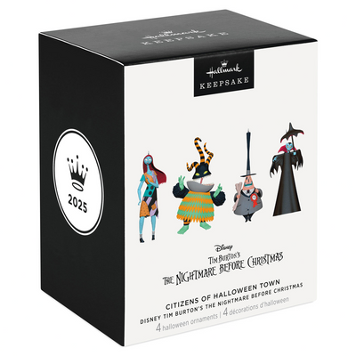 Set of four Nightmare Before Christmas Halloween ornaments with Sally, Mayor, Harlequin Demon, and Vampire characters

