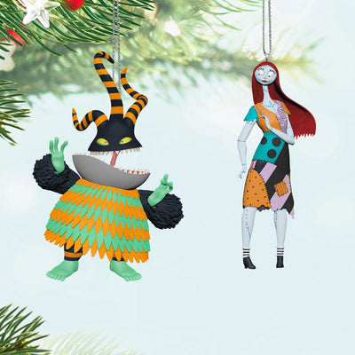 Set of four Nightmare Before Christmas Halloween ornaments with Sally, Mayor, Harlequin Demon, and Vampire characters

