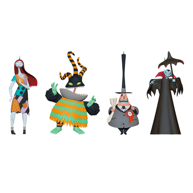 Set of four Nightmare Before Christmas Halloween ornaments with Sally, Mayor, Harlequin Demon, and Vampire characters