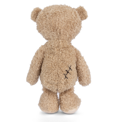 Plush bear with a scar on its head and wound on its side, 11 inches tall, a symbol of resilience and strength, perfect for motivation.

