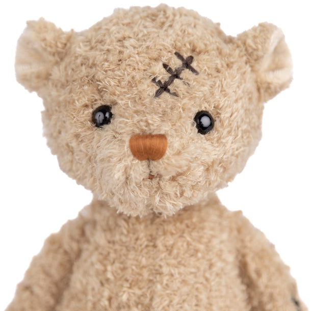 Plush bear with a scar on its head and wound on its side, 11 inches tall, a symbol of resilience and strength, perfect for motivation.

