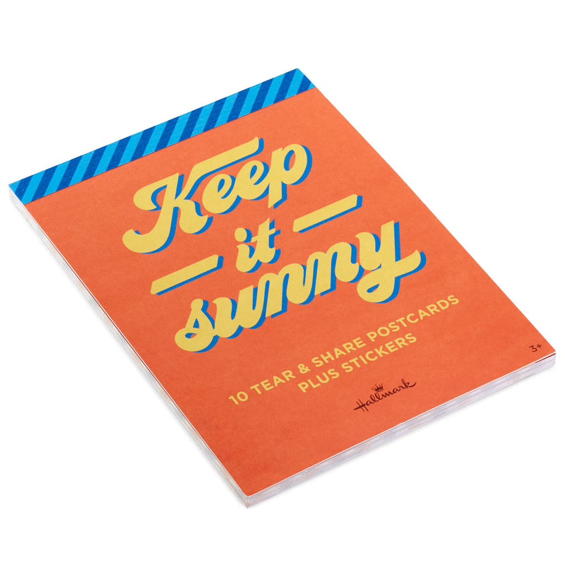 Hallmark postcard booklet Keep It Sunny with colorful designs, blue and pink lettering, retro accents, rainbows, and smiley faces, book of 10 postcards