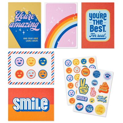 Hallmark Keep It Sunny postcard booklet with blue and yellow lettering, retro accents, rainbows, smiley faces, and matte paper, book of 10 postcards
