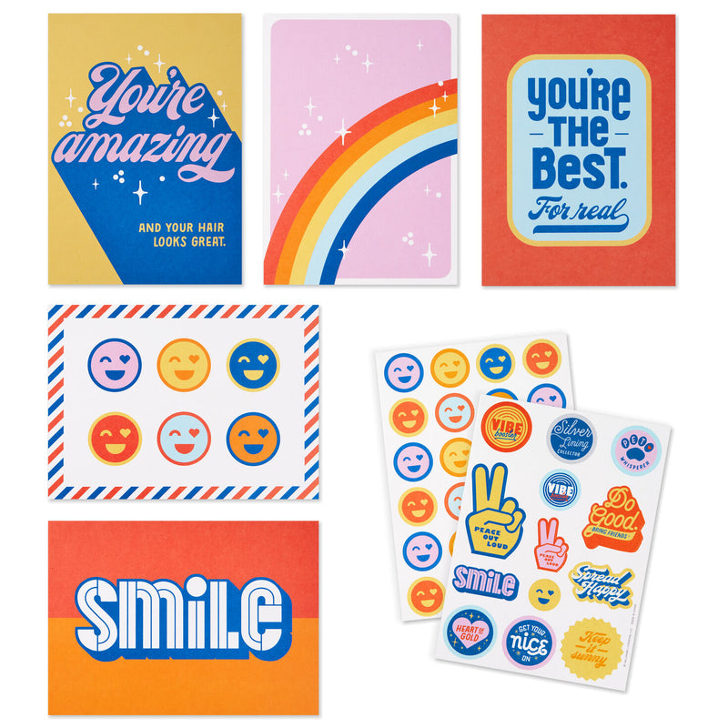 Hallmark Keep It Sunny postcard booklet with blue and yellow lettering, retro accents, rainbows, smiley faces, and matte paper, book of 10 postcards