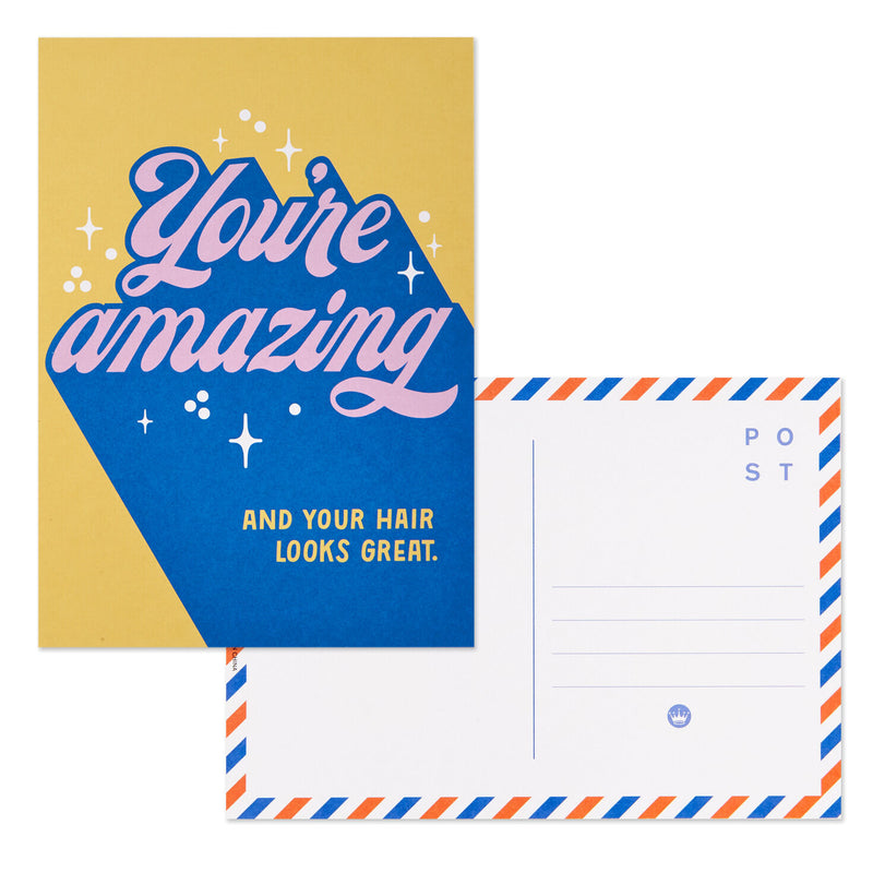 Hallmark Keep It Sunny postcard booklet with blue and yellow lettering, retro accents, rainbows, smiley faces, and matte paper, book of 10 postcards