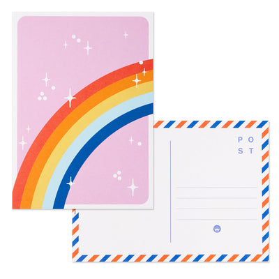 Hallmark Keep It Sunny postcard booklet with blue and yellow lettering, retro accents, rainbows, smiley faces, and matte paper, book of 10 postcards