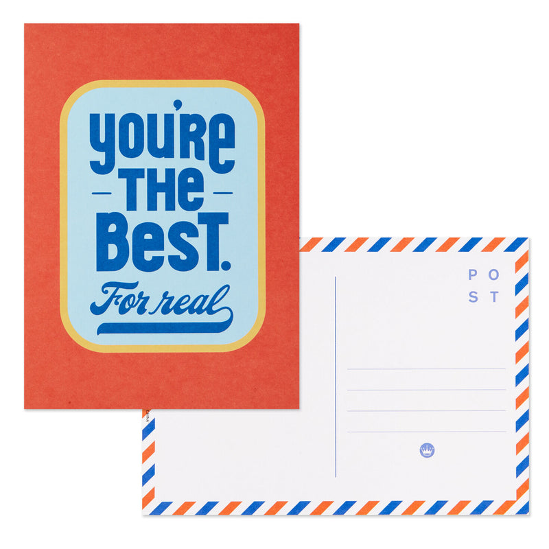 Hallmark Keep It Sunny postcard booklet with blue and yellow lettering, retro accents, rainbows, smiley faces, and matte paper, book of 10 postcards