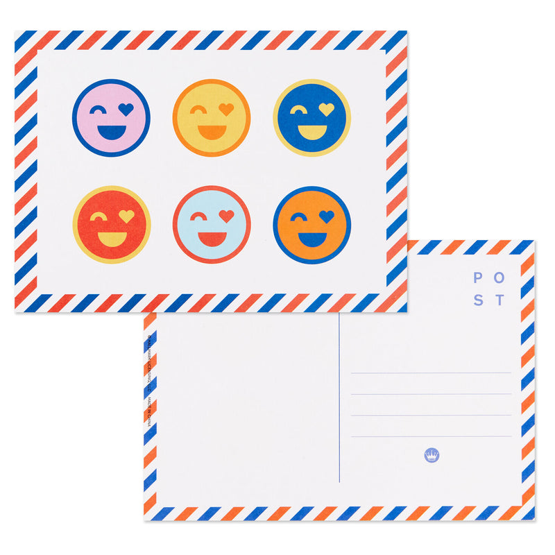 Hallmark Keep It Sunny postcard booklet with blue and yellow lettering, retro accents, rainbows, smiley faces, and matte paper, book of 10 postcards