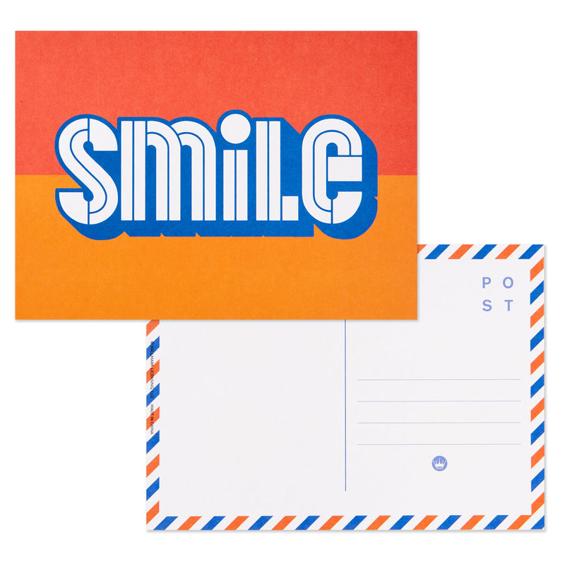Hallmark Keep It Sunny postcard booklet with blue and yellow lettering, retro accents, rainbows, smiley faces, and matte paper, book of 10 postcards
