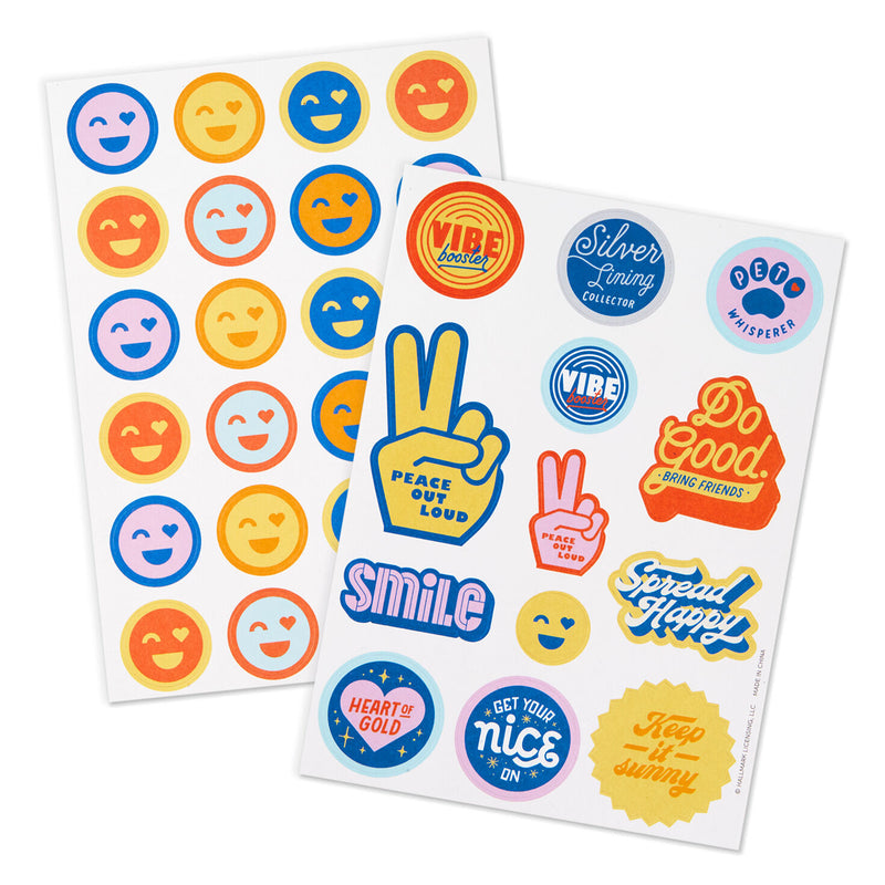 Hallmark Keep It Sunny postcard booklet with blue and yellow lettering, retro accents, rainbows, smiley faces, and matte paper, book of 10 postcards