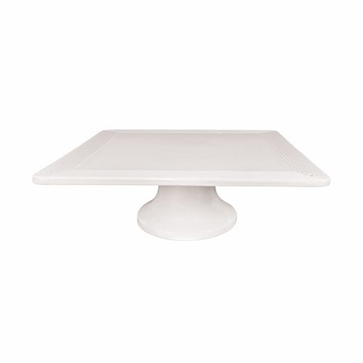 White pinstripe square cake pedestal, 13 inches wide, dishwasher and microwave safe, from Nora Fleming collection.

