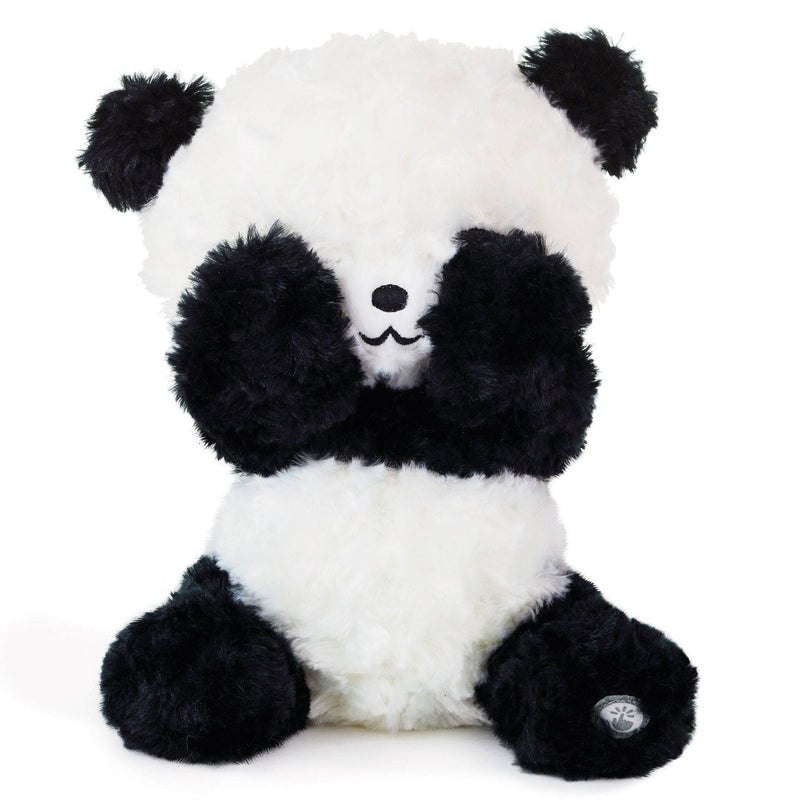 Soft plush panda toy sitting upright with its paws raised, designed to play peek-a-boo and speak phrases when activated
