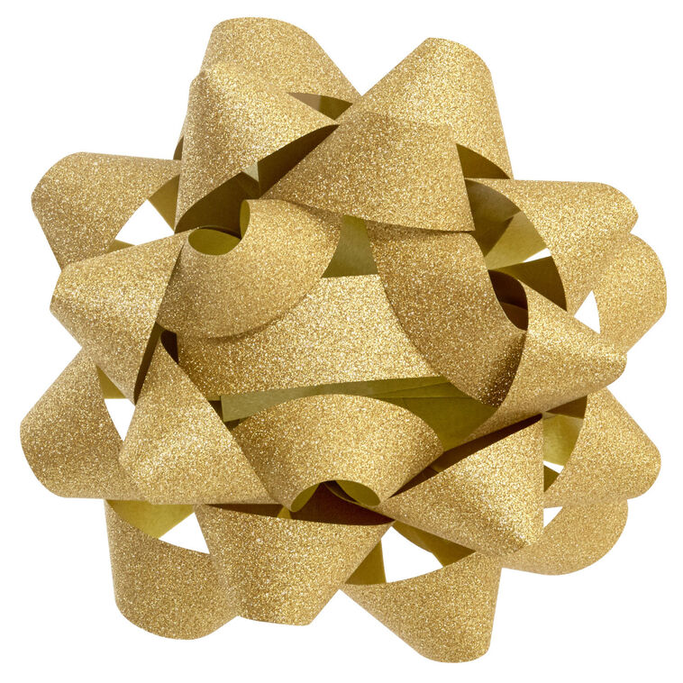 Sparkling Hallmark gold gift bow with textured ribbon and 21 loops, shown in close-up views on white background.