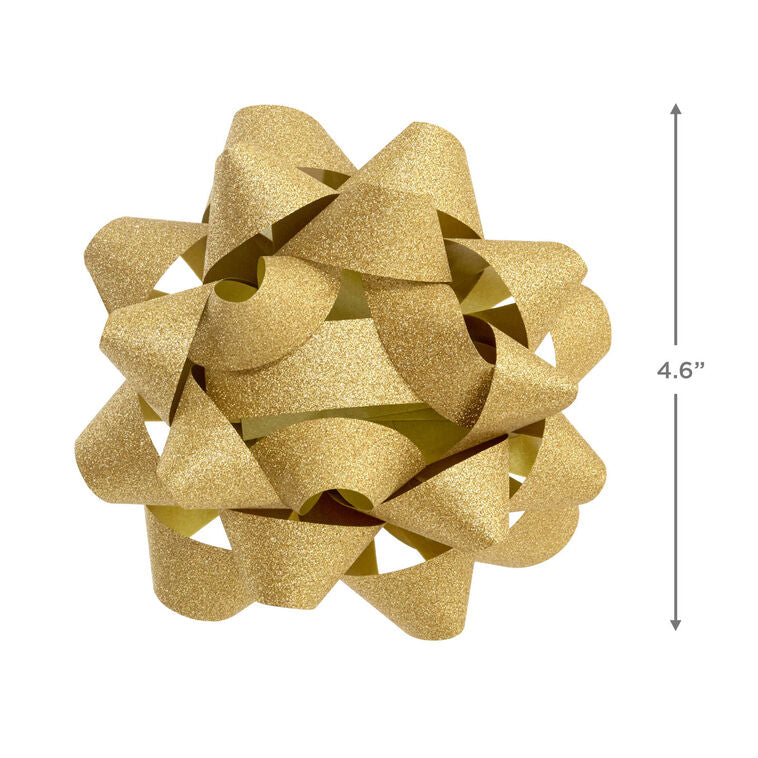Sparkling Hallmark gold gift bow with textured ribbon and 21 loops, shown in close-up views on white background.
