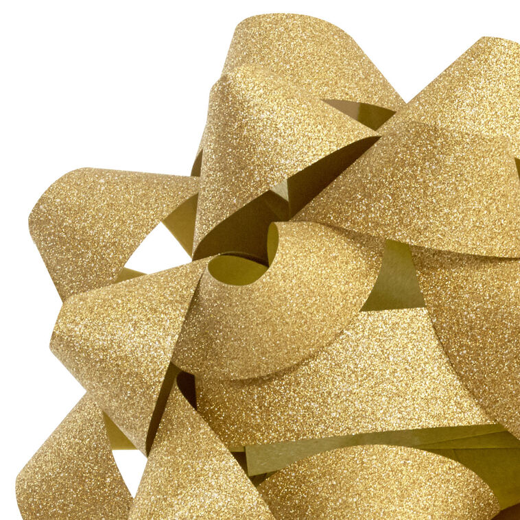 Sparkling Hallmark gold gift bow with textured ribbon and 21 loops, shown in close-up views on white background.
