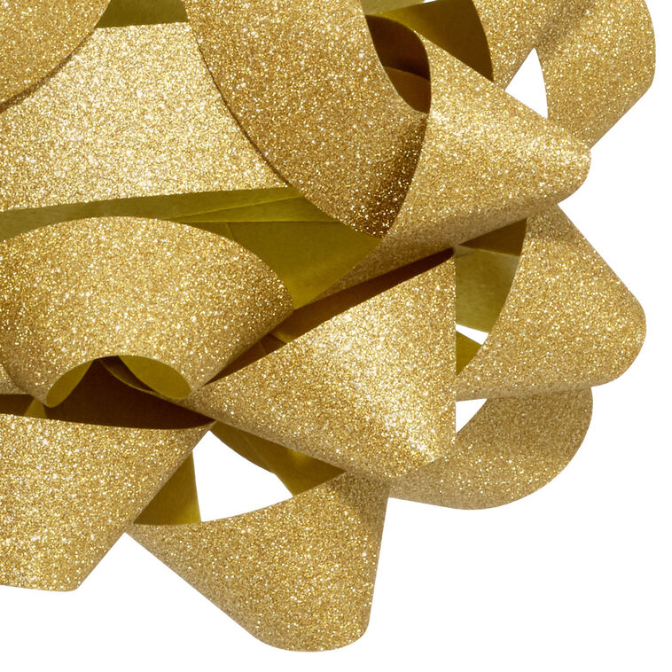 Sparkling Hallmark gold gift bow with textured ribbon and 21 loops, shown in close-up views on white background.