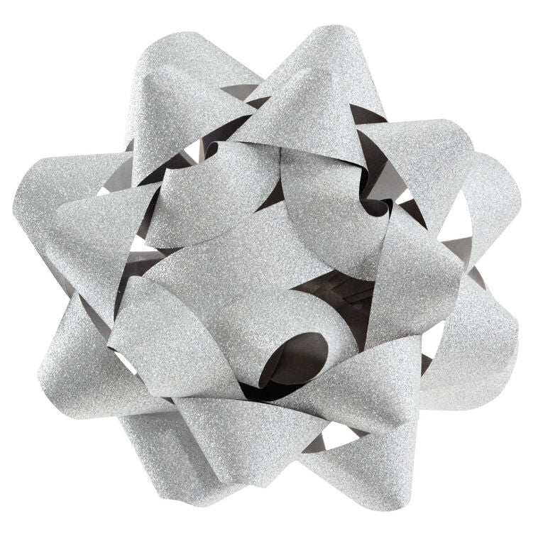 Hallmark silver gift bow with glitter finish and 21 textured loops on a white background.