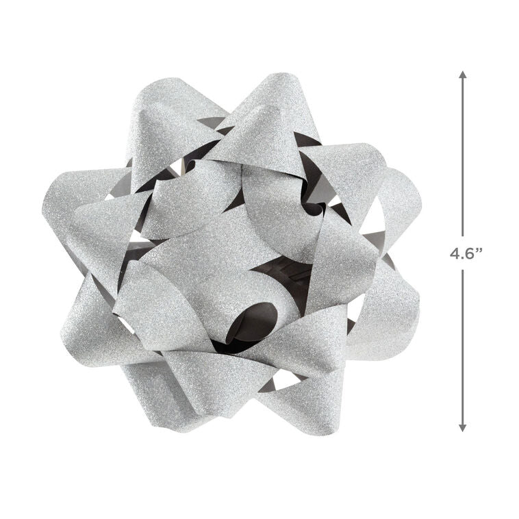 Hallmark silver gift bow with glitter finish and 21 textured loops on a white background.