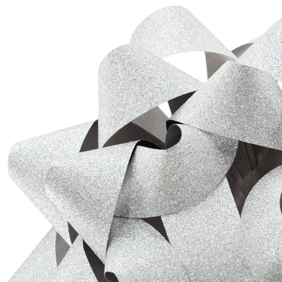Hallmark silver gift bow with glitter finish and 21 textured loops on a white background.