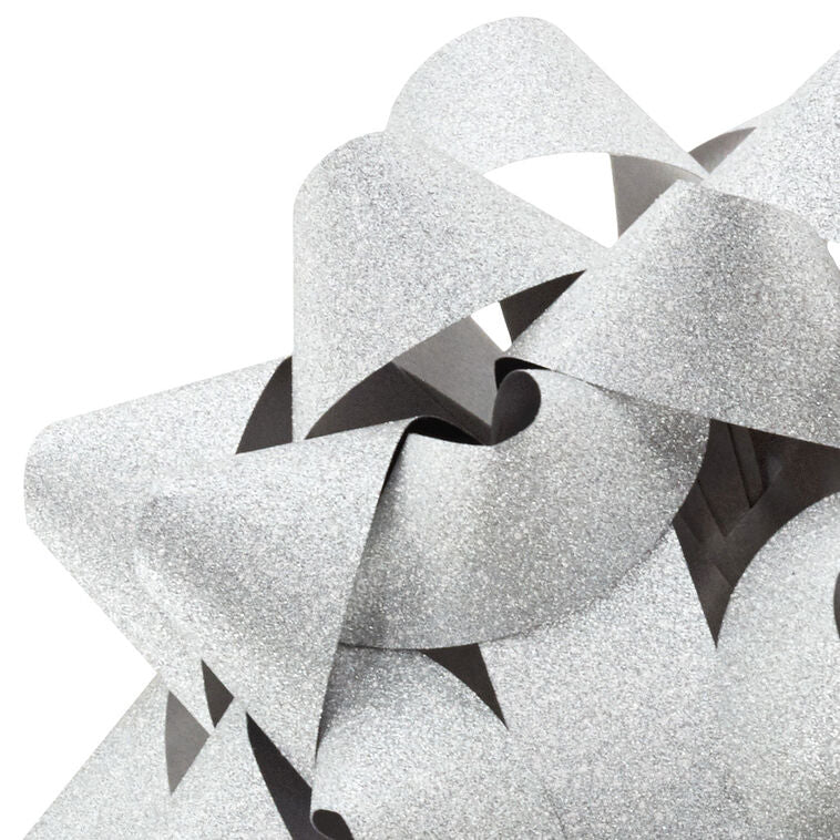 Hallmark silver gift bow with glitter finish and 21 textured loops on a white background.
