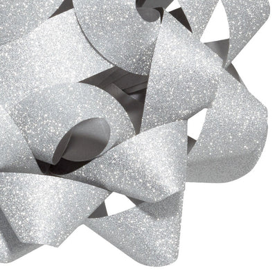 Hallmark silver gift bow with glitter finish and 21 textured loops on a white background.