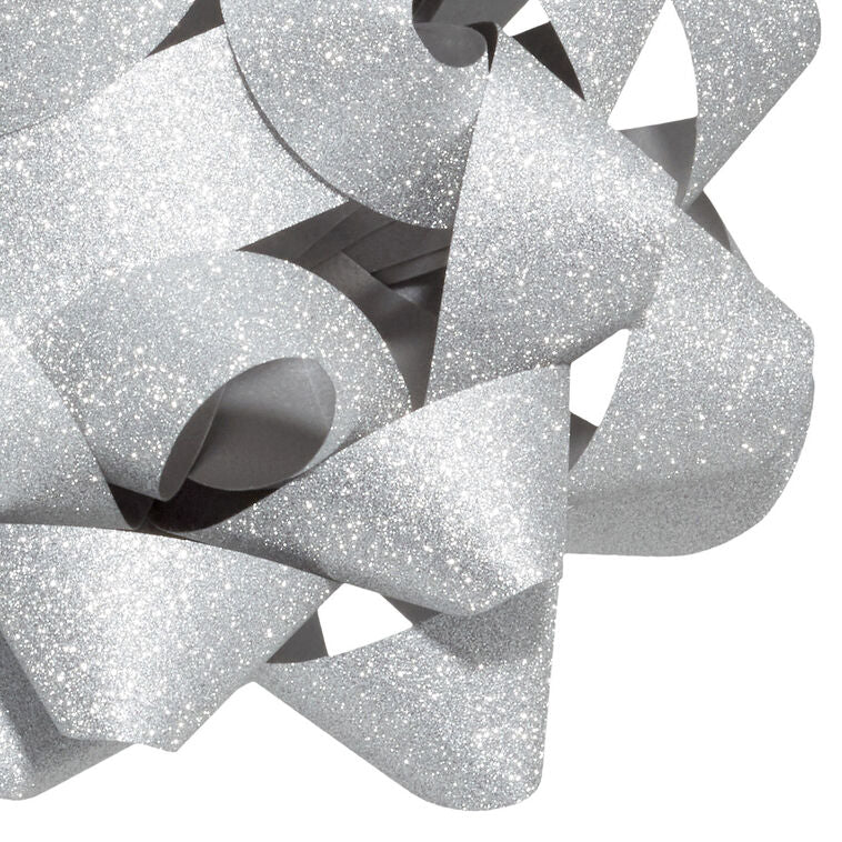 Hallmark silver gift bow with glitter finish and 21 textured loops on a white background.
