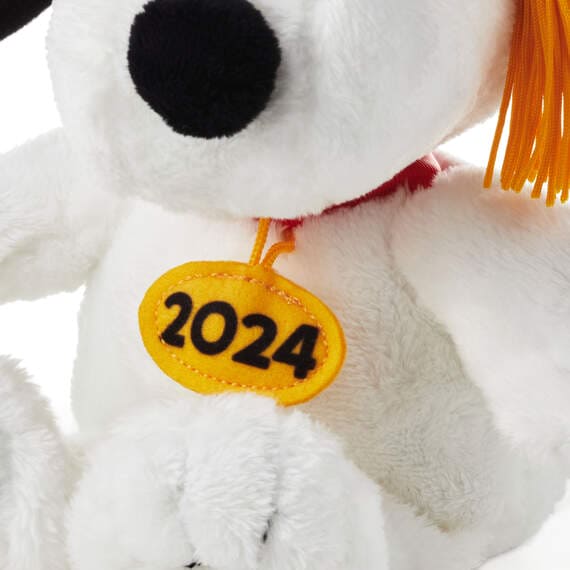 Stuffed dog wearing a graduation cap and tassel. Text on cap reads “2024”