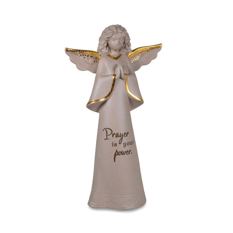 Porcelain angel figurine with gold foil accents, hands in prayer, and the message "Prayer is your power" etched on her gown