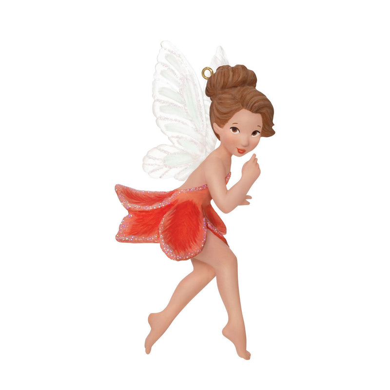 Fairy Messengers Gladiolus Fairy Christmas tree ornament featuring brunette pixie with melon-hued flower petal dress, glitter