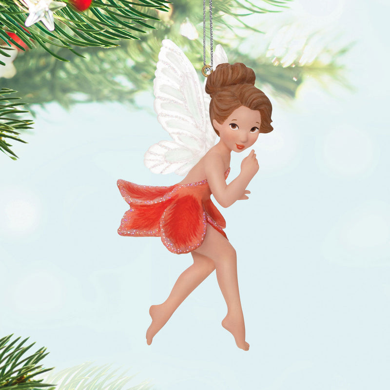 Fairy Messengers Gladiolus Fairy Christmas tree ornament featuring brunette pixie with melon-hued flower petal dress, glitter