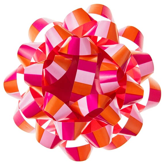 Pink and coral striped recyclable gift bow with self-adhesive backing, 4.6 inches diameter.
