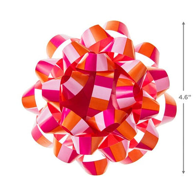 Pink and coral striped recyclable gift bow with self-adhesive backing, 4.6 inches diameter.
