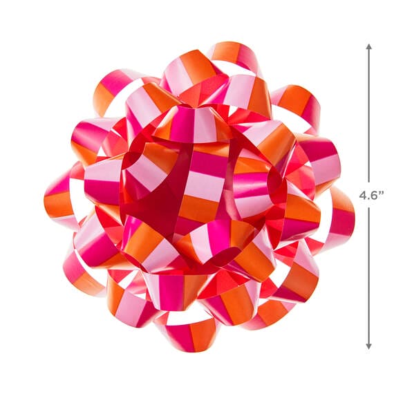 Pink and coral striped recyclable gift bow with self-adhesive backing, 4.6 inches diameter.

