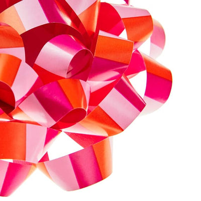 Pink and coral striped recyclable gift bow with self-adhesive backing, 4.6 inches diameter.
